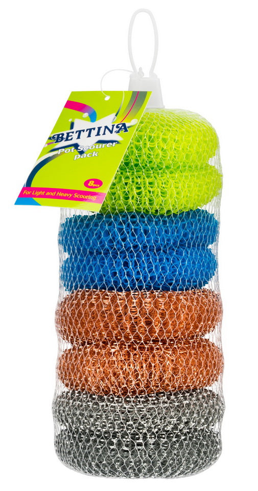 8 ASSORTED POT SCOURERS ( 2 COPPER - 2 GALVANISED - 4 PLASTIC). B349 \\\KD12569