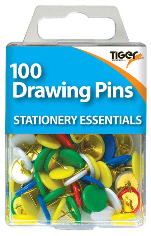 100 TIGER ESSENTIAL COLOURD DRAWING PINS. T301580 \\\KD12705