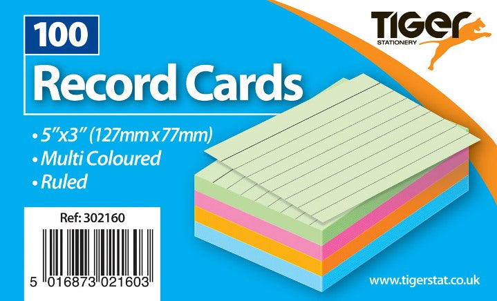 TIGER COLOUR RECORD CARDS 5 INCH X 3 INCH 100/SHEETS. T302160 \\\KD12753
