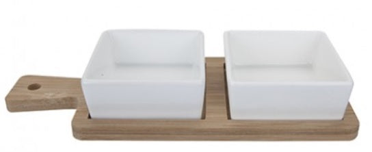 CERAMIC TAPAS DISH BOWL WITH SERVING RECTANGULAR WOODEN BOARD 25CM X 10CM. PI645062 \\\KD12854