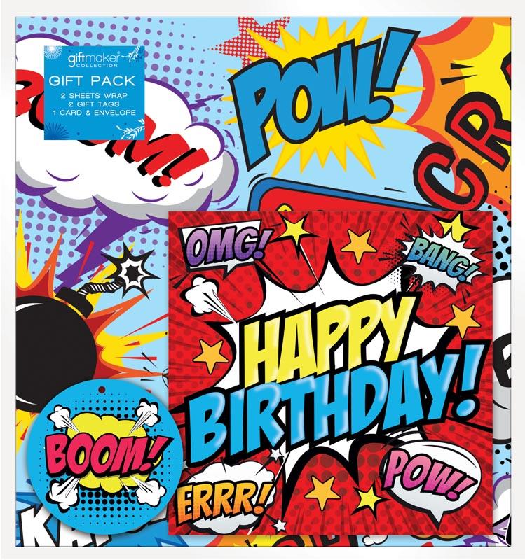 HAPPY BIRTHDAY COMICS GIFT WRAP 2 SHEETS & TAGS WITH GREETINGS CARD. Y8GMS906 \\\KD13018