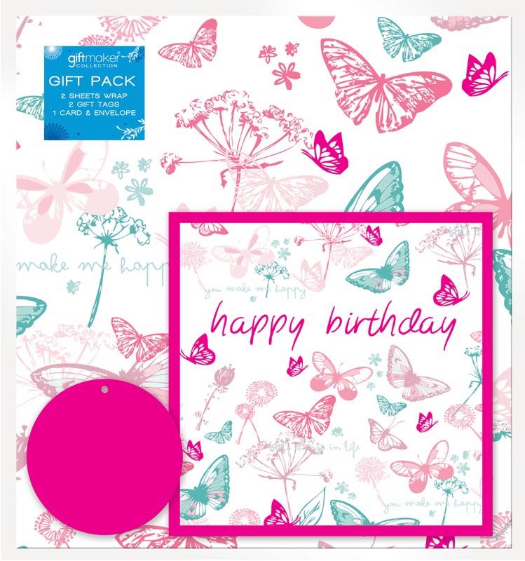 HAPPY BIRTHDAY BUTTERFLY GIFT WRAP 2 SHEETS & TAGS WITH GREETINGS CARD. Y8GMS904 \\\KD13022