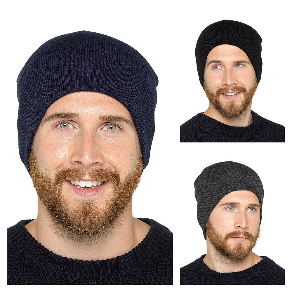 MENS PLAIN BLACK BEANIE HAT ASSORTED SIZE 12/PK. GL392 \\\KD13348
