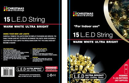 15 WARM WHITE LED BATTERY OPERATED LIGHTS LEAD WIRE:0.4M CLEAR/BULB SPACE 10CM/2XAA(N/I). BML73250 \\\KD13662