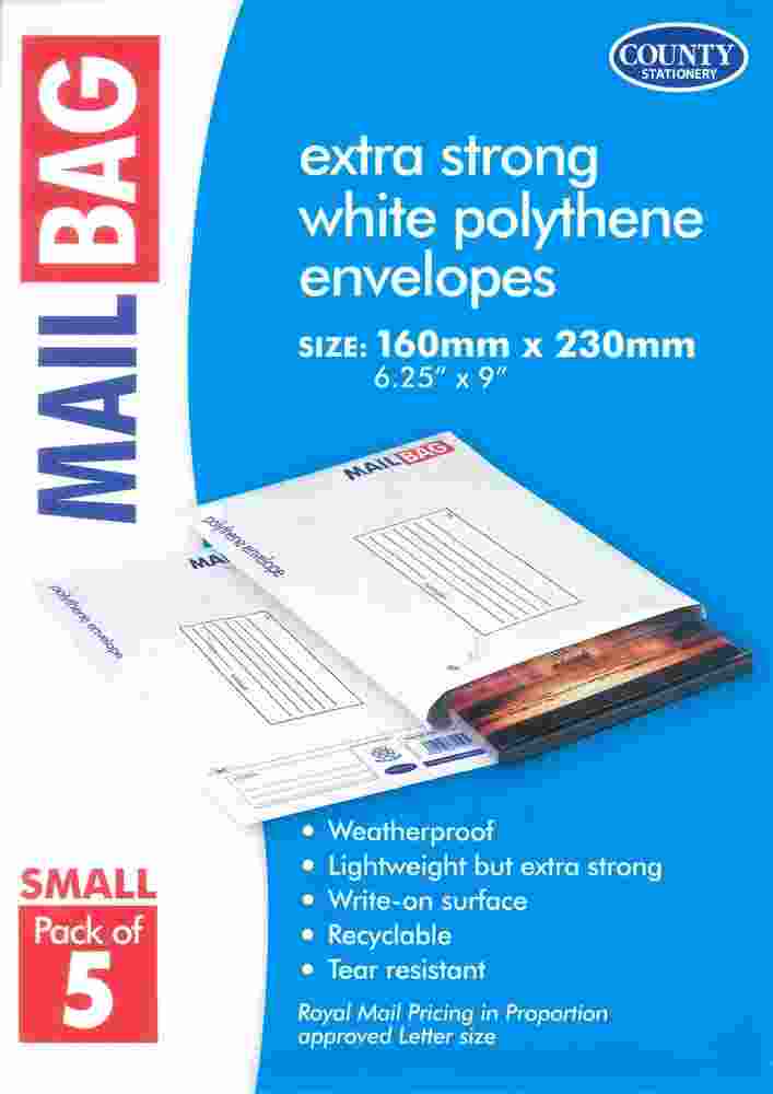 COUNTY SMALL POLYTHENE WHITE MAIL BAGS 160MMX 230MM 5/PK. C260 \\\KD13671