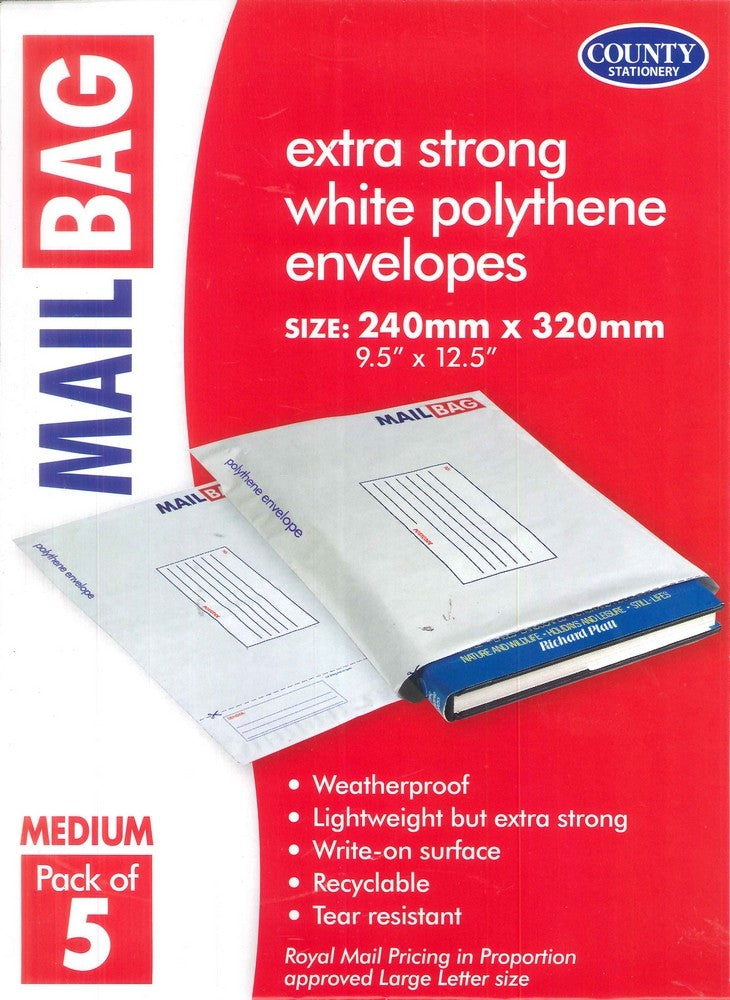 COUNTY MEDIUM WHITE POLYTHENE MAIL BAGS 240MM X 320MM 5/PK. C261 \\\KD13674