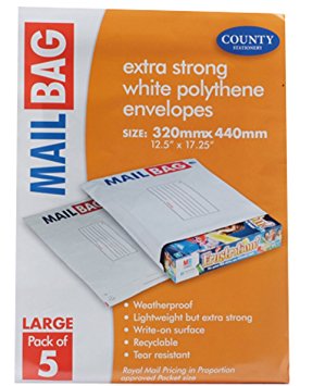 COUNTY LARGE WHITE POLYTHENE MAIL BAGS 320MM X 440MM 5/PK. C262 \\\KD13676