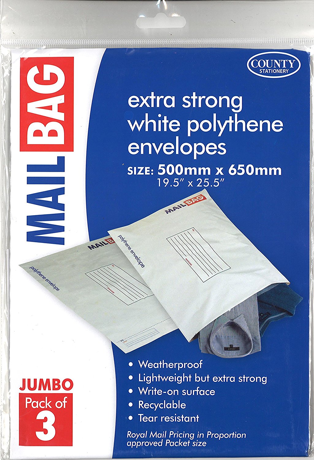 COUNTY JUMBO POLYTHENE WHITE MAIL BAGS  500MM X 650MM 3/PK. C263 \\\KD13677