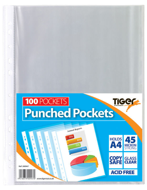 TIGER A4 STRONG TRANSPERENT POLY PUNCH POCKETS PACK OF 100. T300947 \\\KD13849