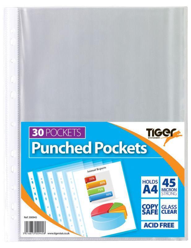 TIGER A4 STRONG TRANSPERENT POLY PUNCH POCKETS PACK OF 30. T300945 \\\KD13869