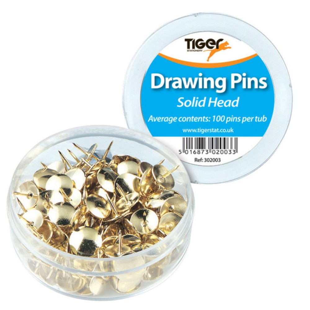 TIGER DRAWING PINS BRASS WITH SOLID HEAD PACK OF 100. T302003 \\\KD13897