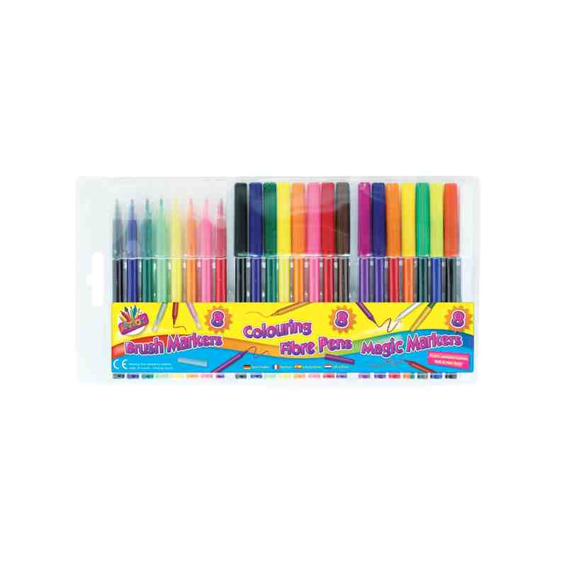 24 COLOUR PEN SET 8 FIBER 8 BRUSH 8 MAGIC MARKERS. TA1092 \\\KD13903