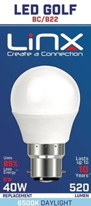 G45 GOLF OPAL B22 220-240V 6W 520LMS 6500K LED BULB. LX0008 \\\KD13973