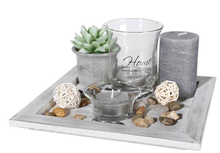 WOODEN PLATE WITH 2 TEALIGHT HOLDER 2 CANDLE & DECO STONE. OB220059 \\\KD14047