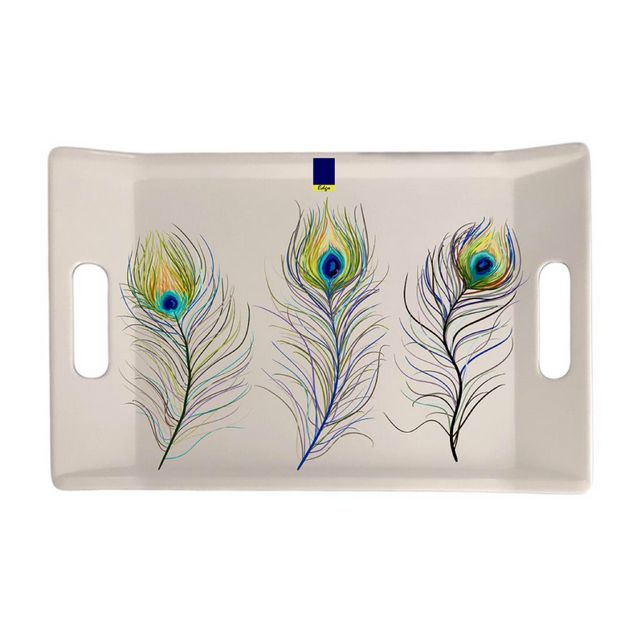 MELAMINE PEACOCK FEATHER DESIGN HANDLED TRAY 15 X10.75 INCH. F653658 \\\KD14107