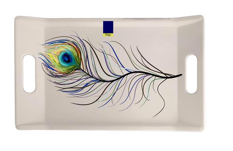 MELAMINE PEACOCK FEATHER DESIGN HANDLED TRAY 13 X 7 INCH. F653634 \\\KD14108