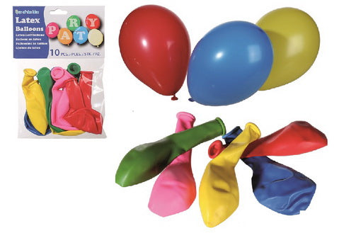 LATEX PARTY BALLONS WITH PARTY COLOURS 22CM PK OF 10. OB620929 \\\KD14137