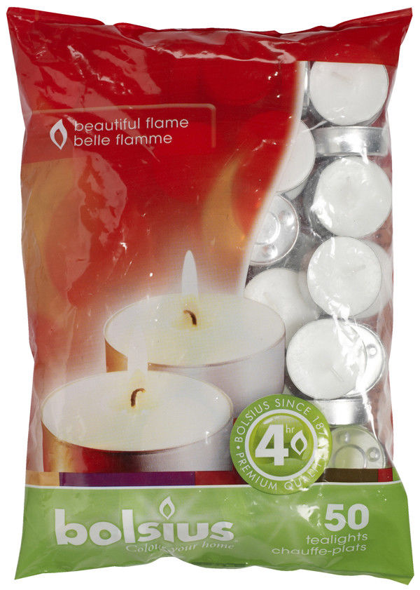 BOLSIUS BURN TEALIGHTCANDLE WHITE 4HRS OF PK OF 50. 103630308100 \\\KD14184