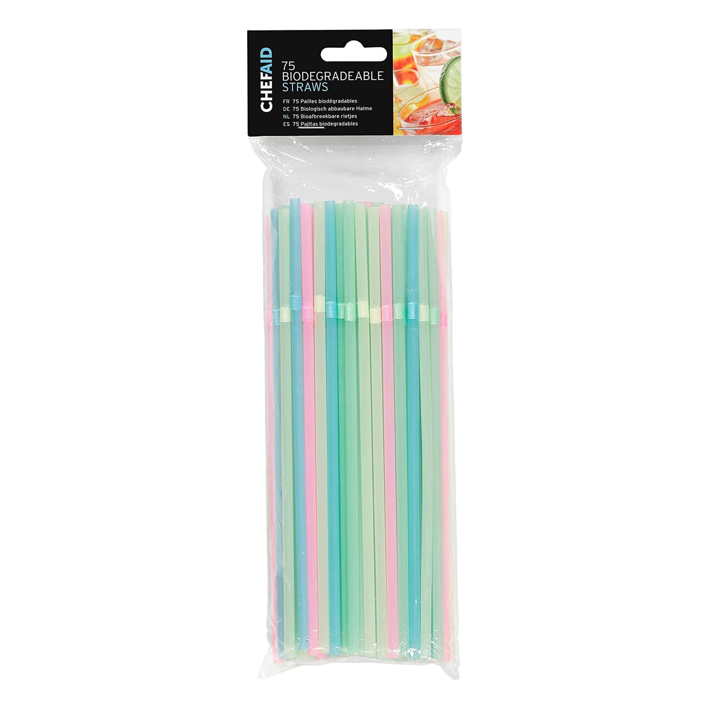 CHEF AID BIODEGRADEABLE STRAWS ASSORTED COLOURS PK OF 75. 10E02011 \\\KD14616