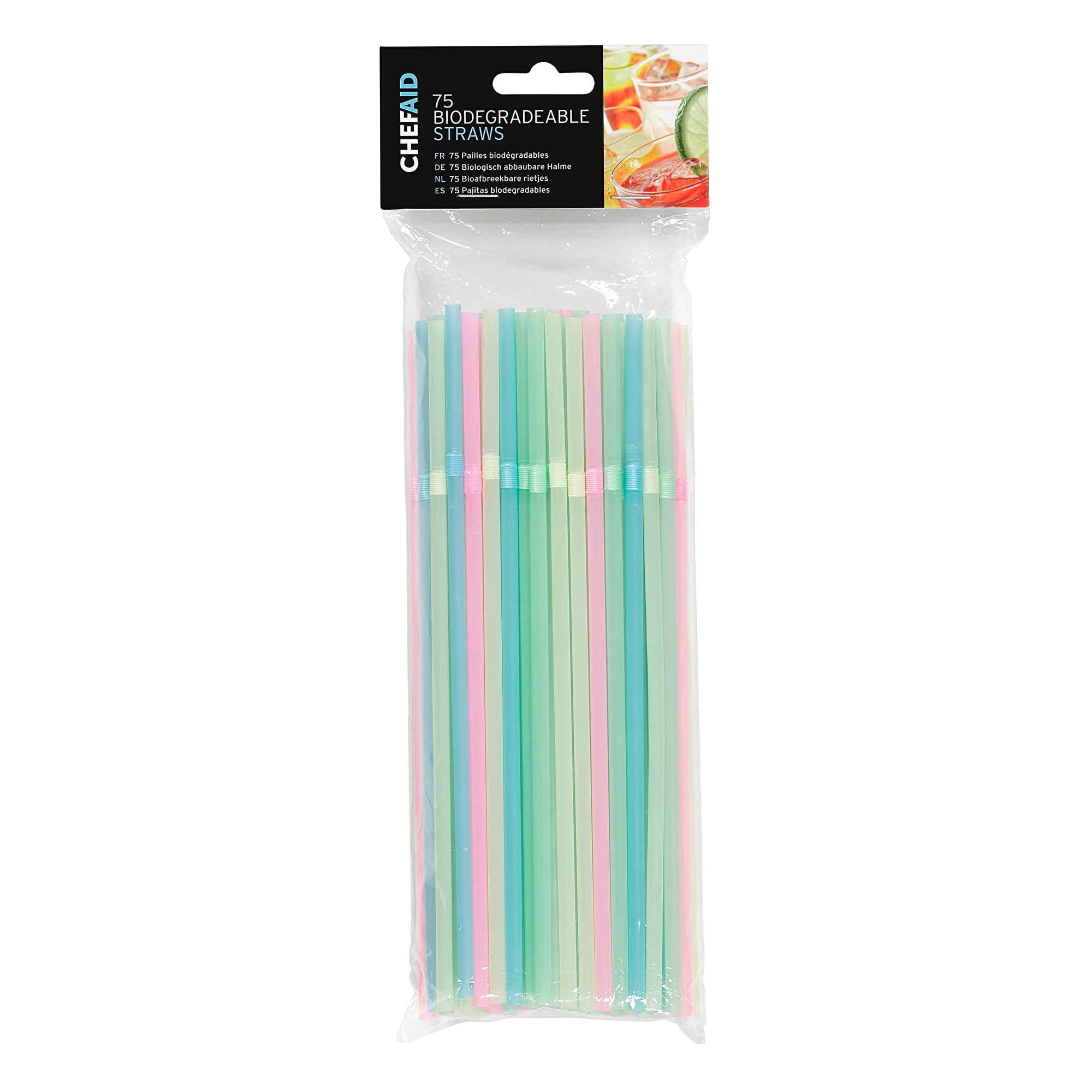 CHEF AID BIODEGRADEABLE STRAWS ASSORTED COLOURS PK OF 75. 10E02011 \\\KD14616