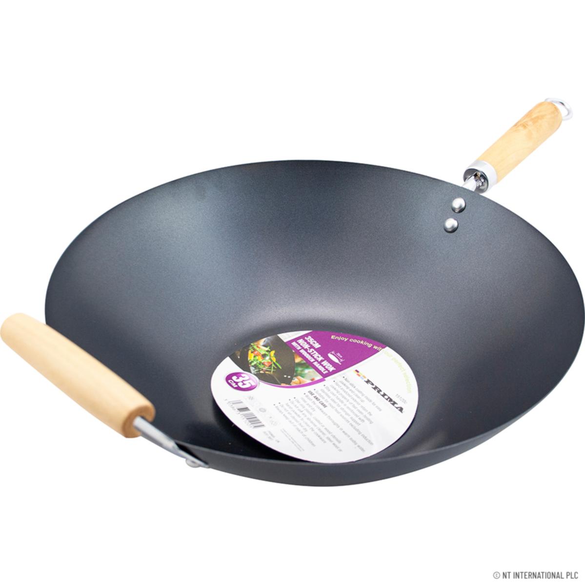 35CM PRIMA DOUBLE WOODEN NON STICK WOK PAN. 15120C \\\KD14698