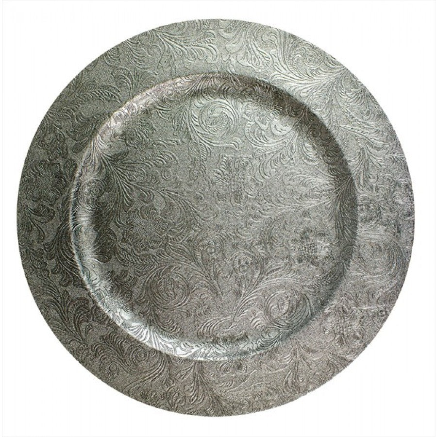 HARVEY & MASON EMBOSSED SILVER FLORAL DESIGN CHARGER PLATES 33CM. XM4495 \\\KD14719