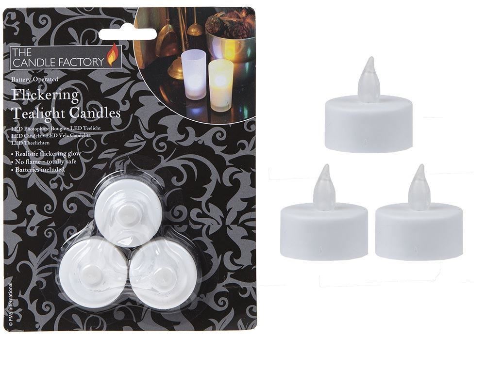 WHITE BATTERY OPERATED FLICKERING TEA LIGHT CANDLES 3/PK. PI819009 \\\KD15063