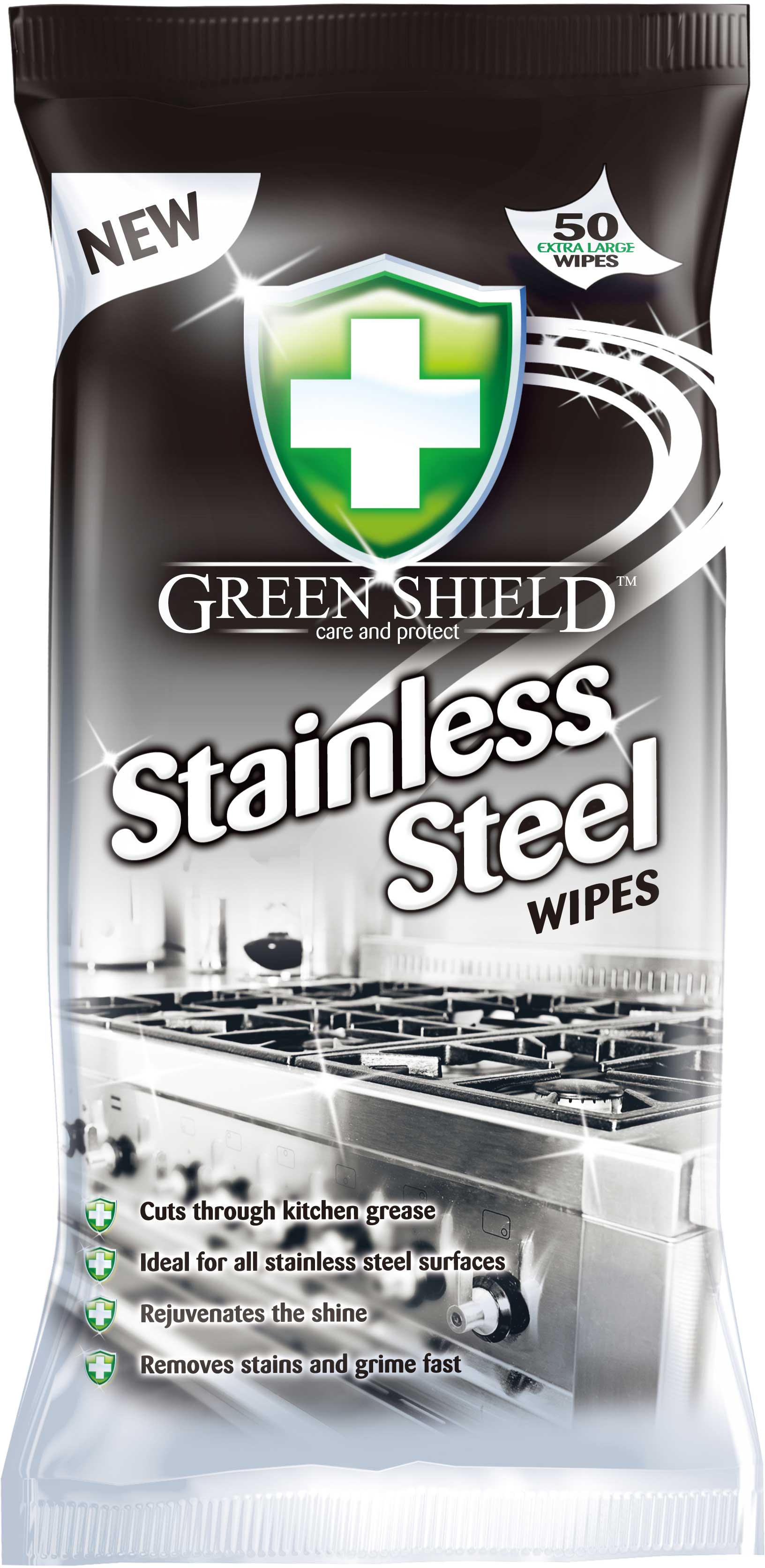 GREENSHIELD ANTI BACTERIAL STAINLESS STEEL CLEANING  WIPES 70/PK. 5060110223565 \\\KD15233