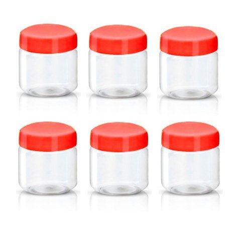 6 CLEAR PLASTIC PET JAR 100ML KITCHEN STORAGE SUGAR RED LID. 786537 \\\KD15377