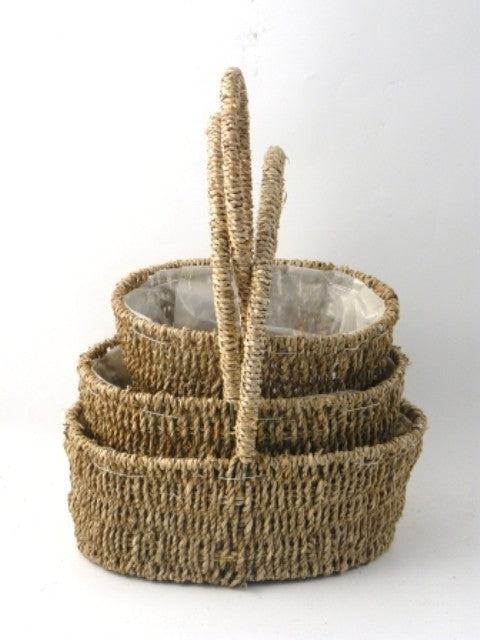 NATURAL SEAGRASS WOVEN STORAGE HAMPER OVAL BASKET - 3/PK. X02112 \\\KD16088