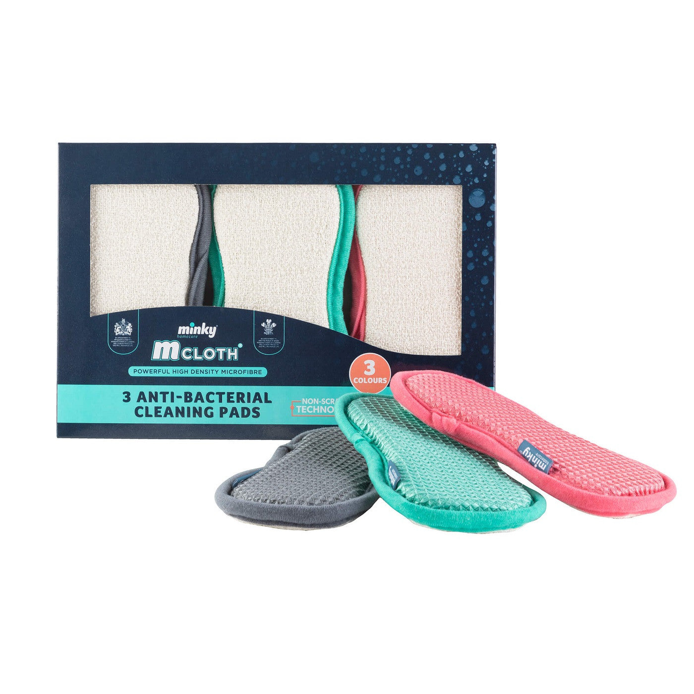 MINKY M CLOTH ANTI-BACTERIAL CLEANING PAD 3/PK (GREY GREEN PINK). TT78700300 \\\KD16234