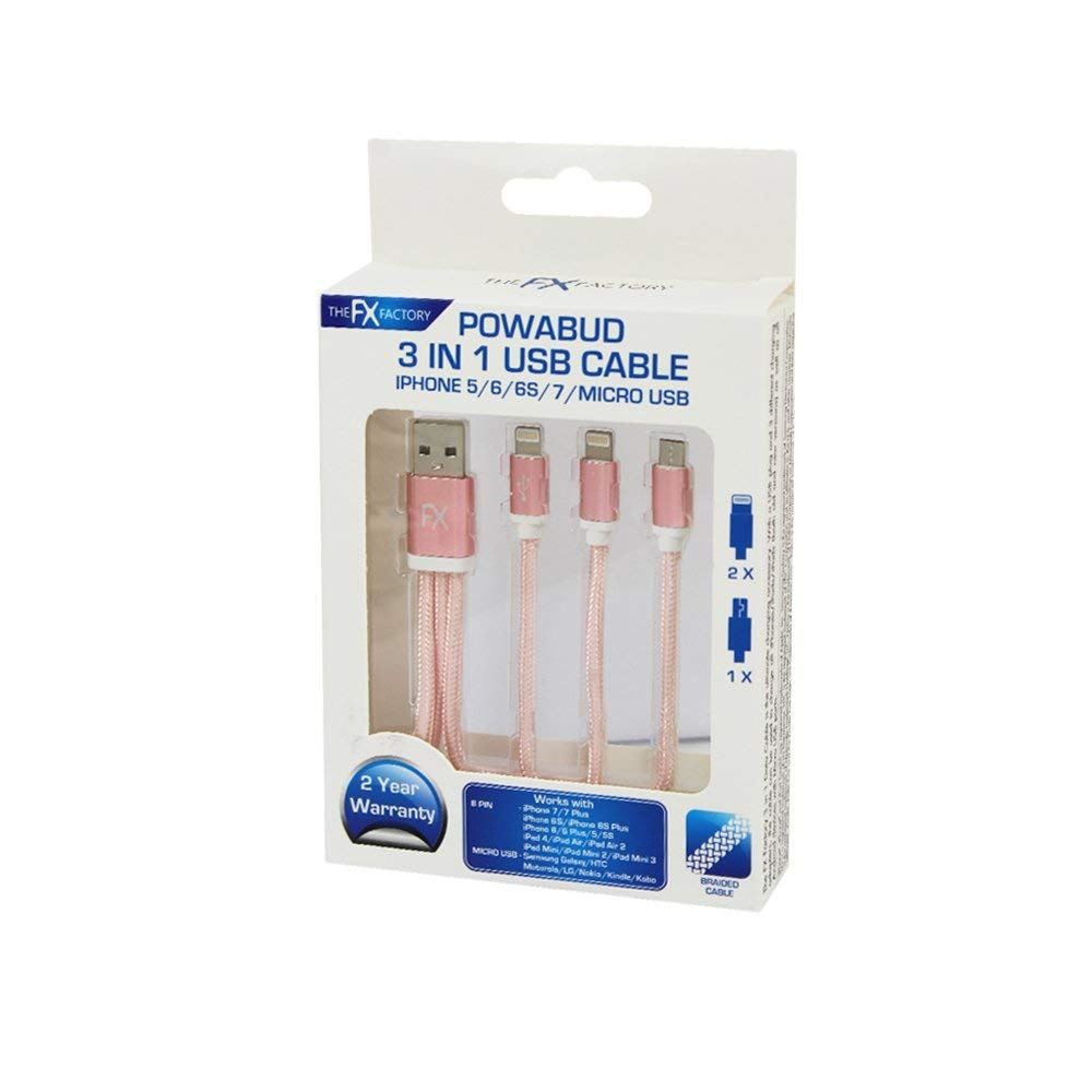 FX POWABUD BRAIDED USB DATA CABLE 3 IN 1 GOLD. FXUB2GO \\\KD16246