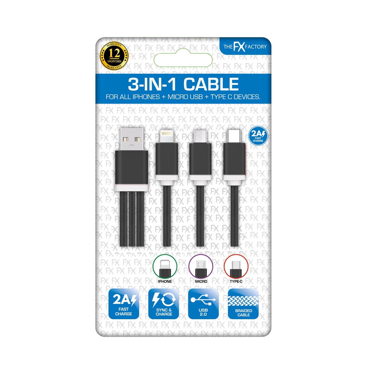 FX 3 IN 1 USB CHARGING CABLE IPHONE / MICRO USB / TYPE C - BLACK. FXUB2BK \\\KD16249