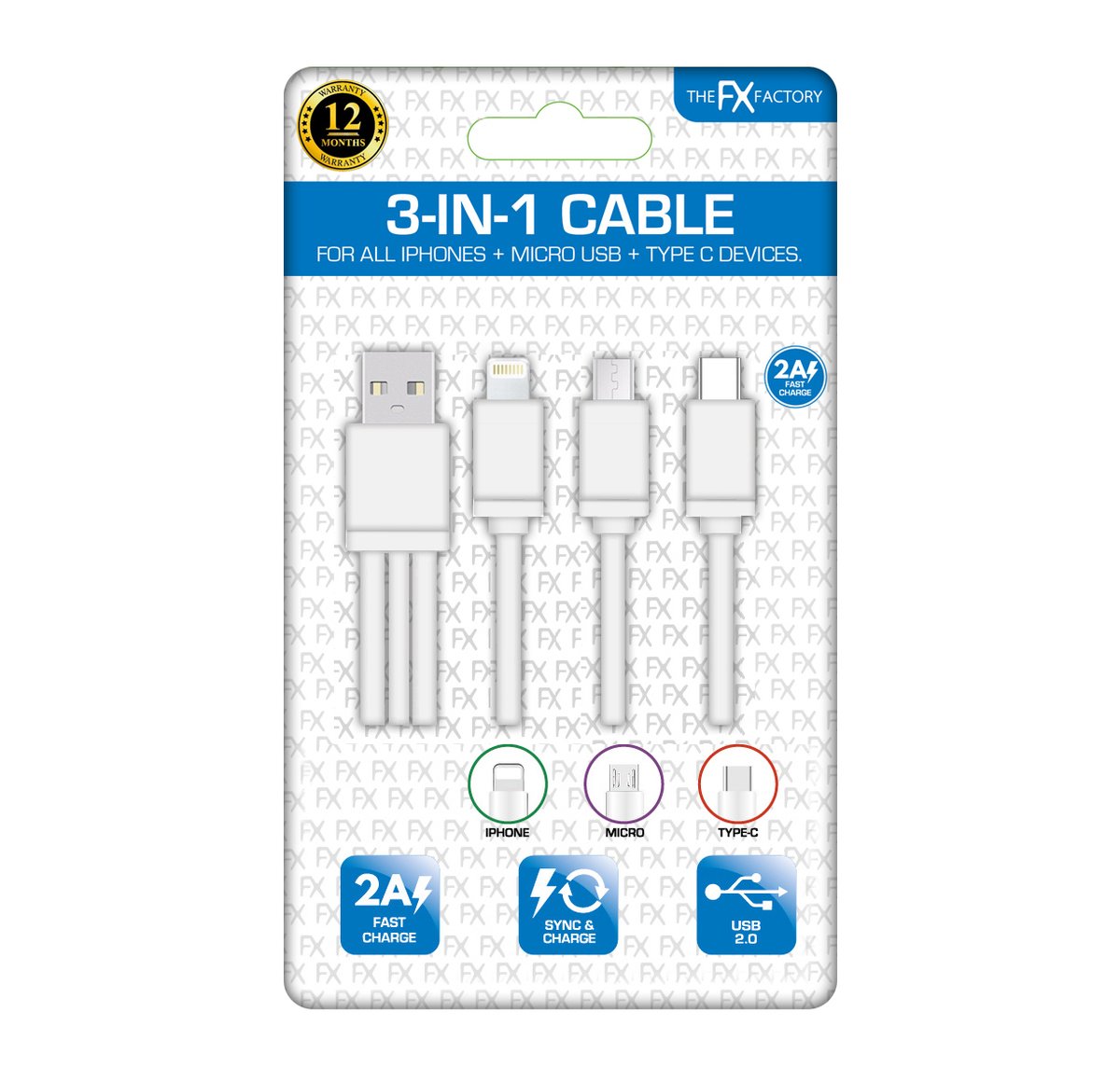 FX 3 IN 1 USB CHARGING CABLE IPHONE / MICRO USB / TYPE C - WHITE. FXU3WH \\\KD16271