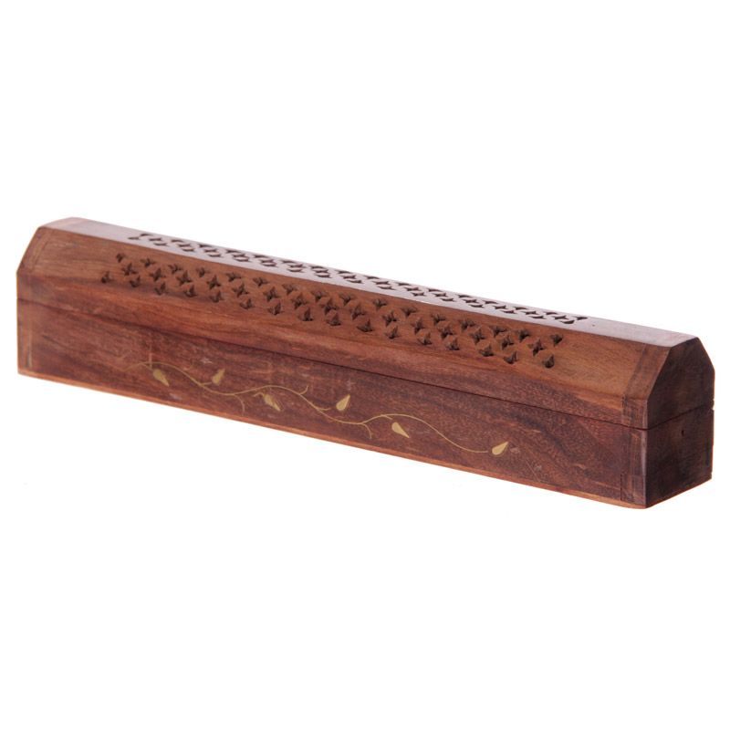 SHEESHAM WOOD INCENSE BOX WITH BRASS INLAY - VINE DESIGN. IF117 \\\KD16496