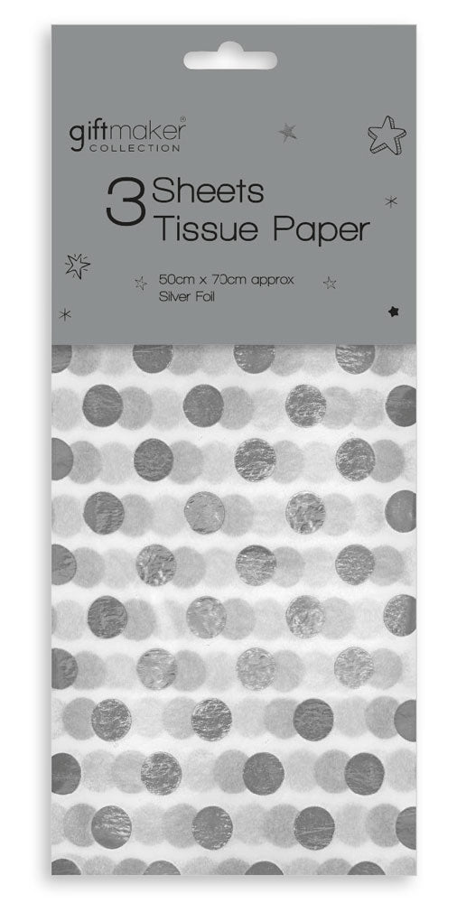 SILVER FOIL POLKA DOT TISSUE PAPER 50CM X 70CM 3 SHEETS. Y8GMA102 \\\KD16656