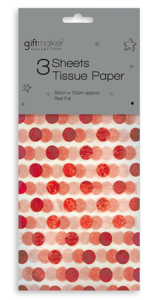 RED FOIL POLKA DOT TISSUE PAPER 50CM X 70CM 3 SHEETS. Y8GMA100 \\\KD16657