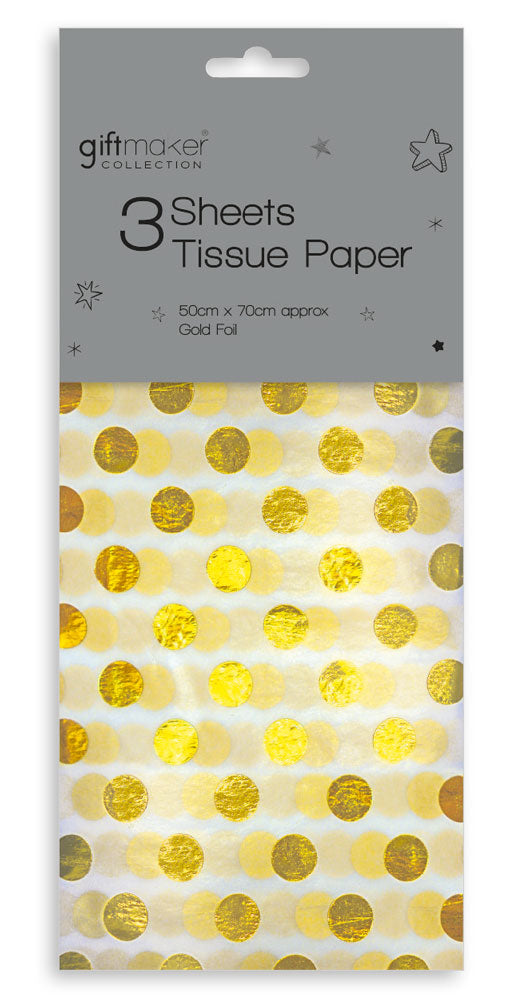 GOLD FOIL POLKA DOT TISSUE PAPER 50CM X 70CM 3 SHEETS. Y8GMA101 \\\KD16658