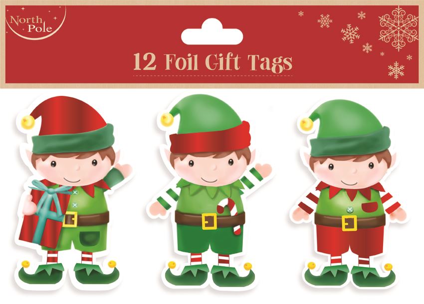 CHRISTMAS ELF FOIL GIFT TAGS 12/PK. EWX23829GT \\\KD16679
