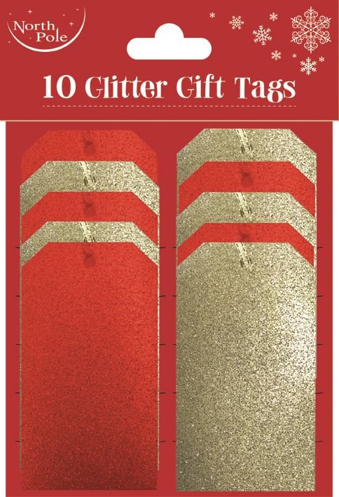 CHRISTMAS RED & GOLD GLITTER GIFT TAGS 10/PK. EWX23922 \\\KD16681