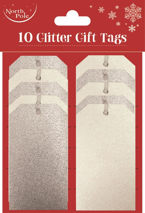 CHRISTMAS WHITE & SILVER GLITTER GIFT TAGS 10/PK. X23919GT \\\KD16682