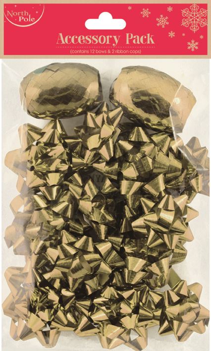 GOLD GIFT BOWS 12/PK & 2 RIBBON SET. EWX25434BCC \\\KD16685