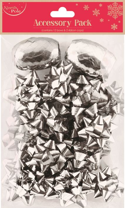 SILVER GIFT BOWS 12/PK & 2 RIBBON SET. EWX25437BCC \\\KD16686