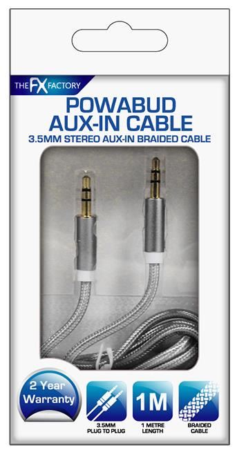 FX POWABUD AUX-IN-CABLE 3.5MM BRAIDED - BLACK. FXPBABBK \\\KD16703