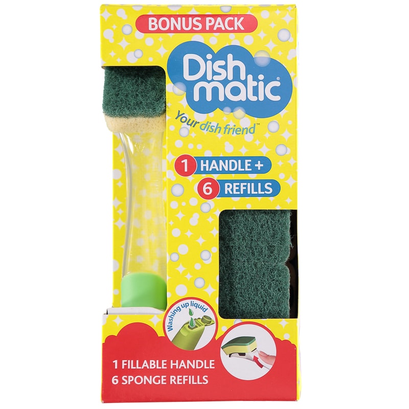 DISHMATIC WASHING UP SPONGE WITH LIQUID FILLABLE HANDLE + 6 REFILLS SPONGES BONUS PACK. UK-DM3-BP24-20 \\\KD16940