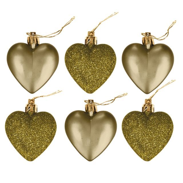 GLITTER / MATT HEART SHAPE CHRISTMAS TREE BAUBLES 50MM 6/PK - GOLD. DP55162 \\\KD16942