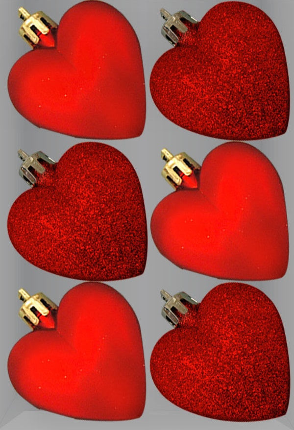 GLITTER / MATT HEART SHAPE CHRISTMAS TREE BAUBLES 50MM 6/PK - RED. DP55161 \\\KD16945
