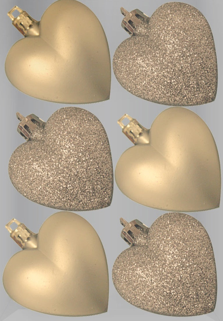 GLITTER / MATT HEART SHAPE CHRISTMAS TREE BAUBLES 50MM 6/PK - CHAMPAGNE GOLD. DP55164 \\\KD16946