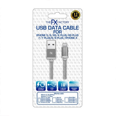 FX POWABUD BRAIDED USB DATA CABLE FOR IPHONE 6 7 8 X XS - SILVER. FXUIPH6SI \\\KD17006