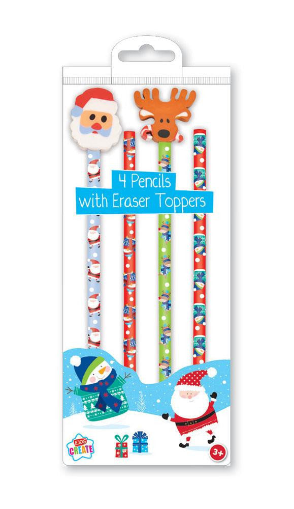 KIDS CREATE CHRISTMAS PARTY PENCILS WITH ERASER TOPPERS 4/PK. XXTCPT \\\KD17044